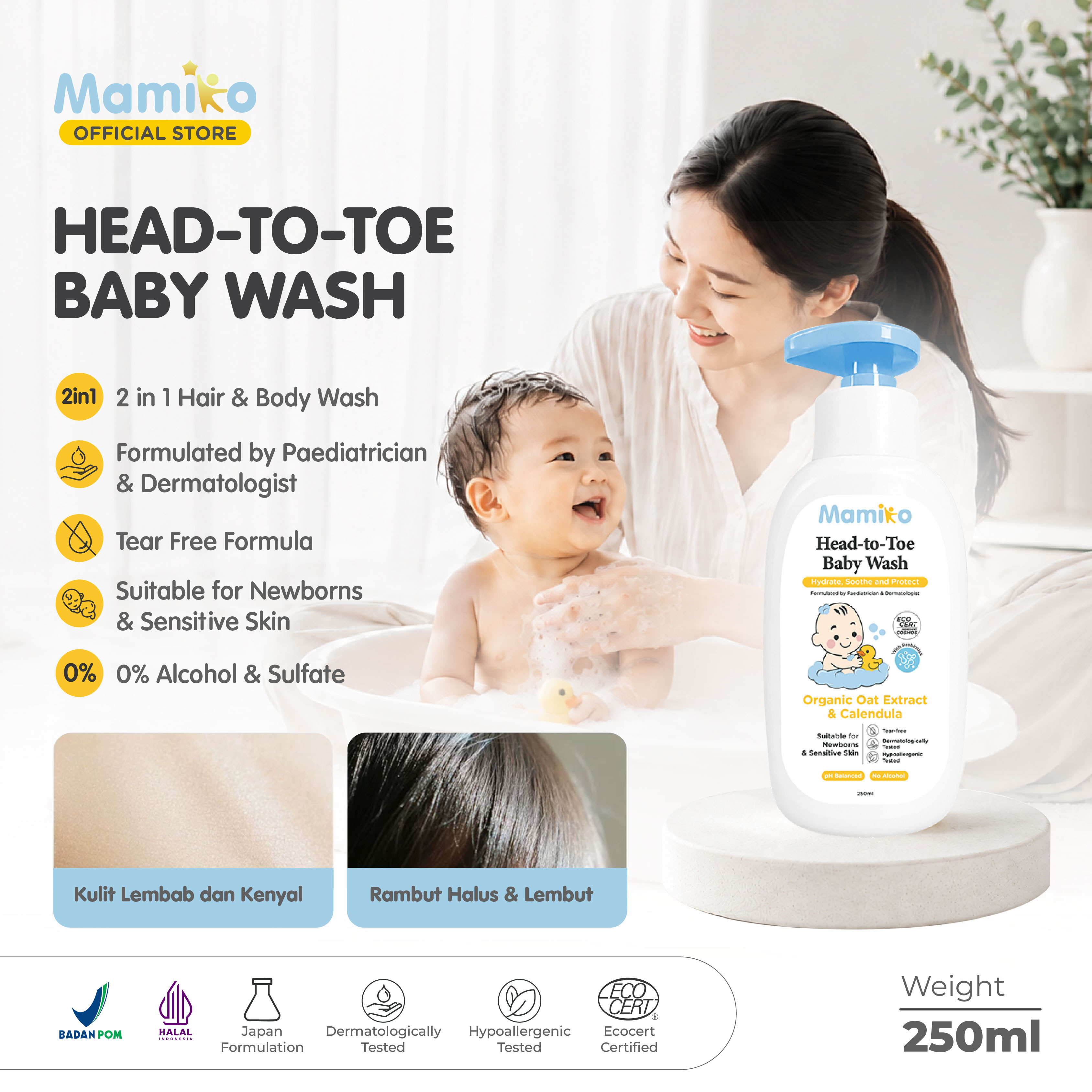 Mamiko Head-to-Toe Baby Wash 250ml Sabun & Sampo 2in1 Sensitive Skin Newborn Foto 6