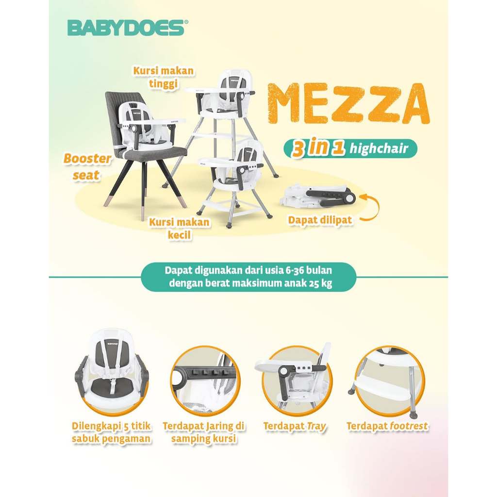 Kursi Makan Bayi Babydoes Mezza High Chair 3 in 1 Dilipat Portable dengan Tray Foto 5