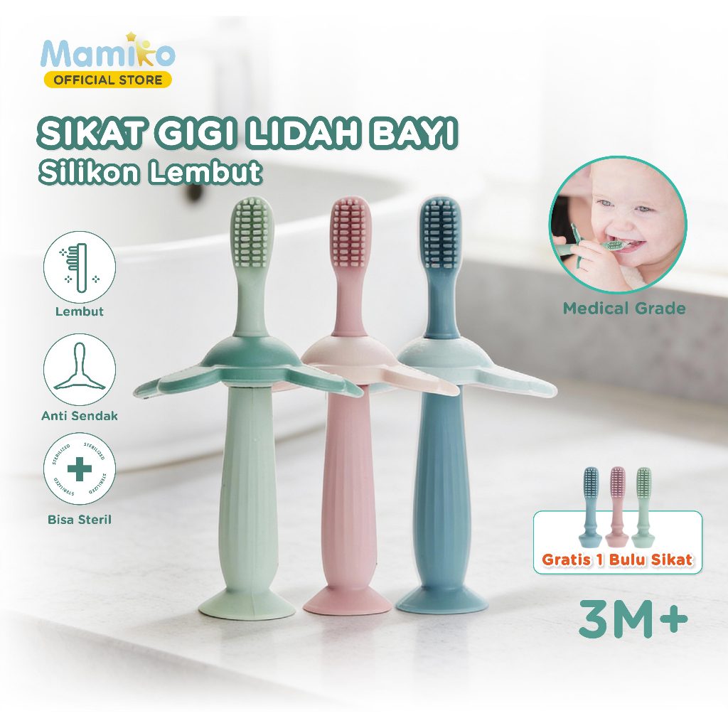 Mamiko Sikat Gigi dan Lidah Bayi 1-3 Tahun Silikon Food Grade Dual Sisi Training