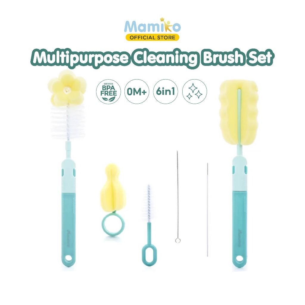Set Sikat Botol Bayi Mamiko 6in1 Multifungsi Sponge Putih Silikon Biru Pink Foto 5