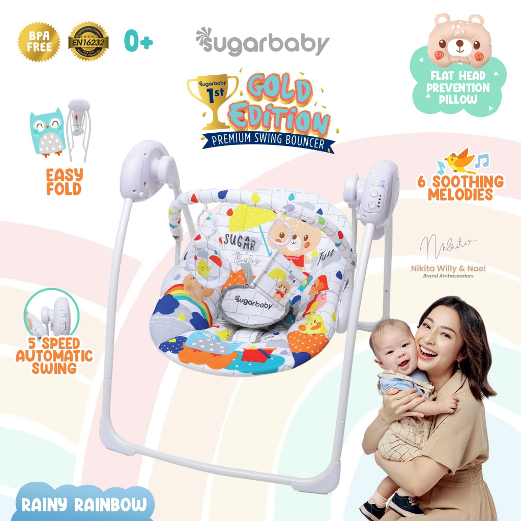 Ayunan Bayi Otomatis Sugar Baby Gold Edition Premium Swing Bouncer Motif Rainy Rainbow Putih