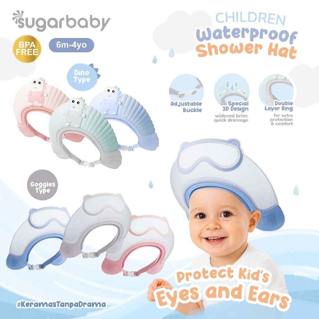 Topi Keramas Bayi Sugarbaby Waterproof Shower Hat Anti Air Masuk Telinga