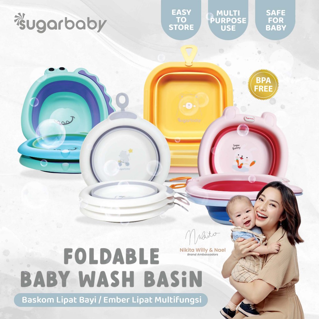 Sugar Baby Foldable Baby Wash Basin Ember Lipat Portable BPA Free Motif Dino Rabbit