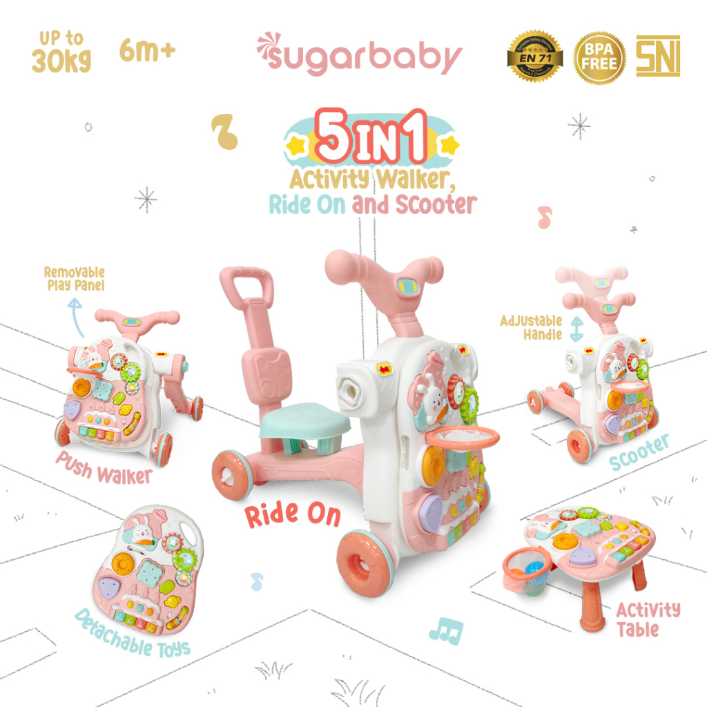 Sugarbaby Walker Bayi 5in1 Multifungsi Ride-On Scooter Push Walker Activity Table Foto 7