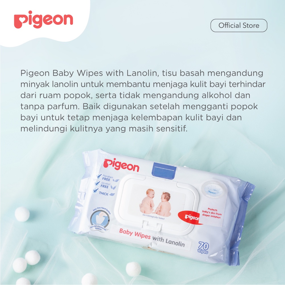 Tisu Basah Bayi Pigeon With Lanolin 70 Lembar untuk Kulit Sensitif Anti Ruam Popok Foto 2