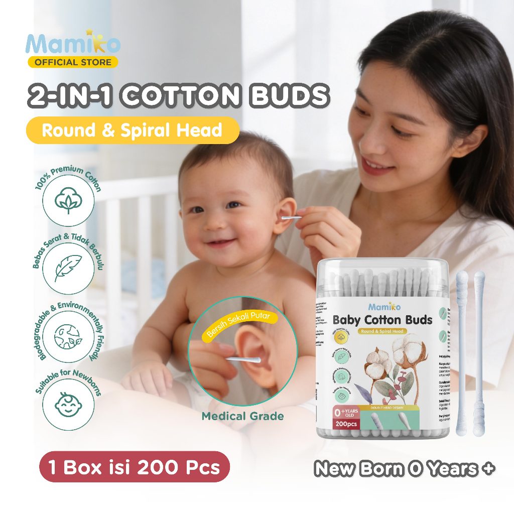 Mamiko Cotton Buds 2in1 Spiral Oval Pembersih Telinga Bayi Anak 200pcs