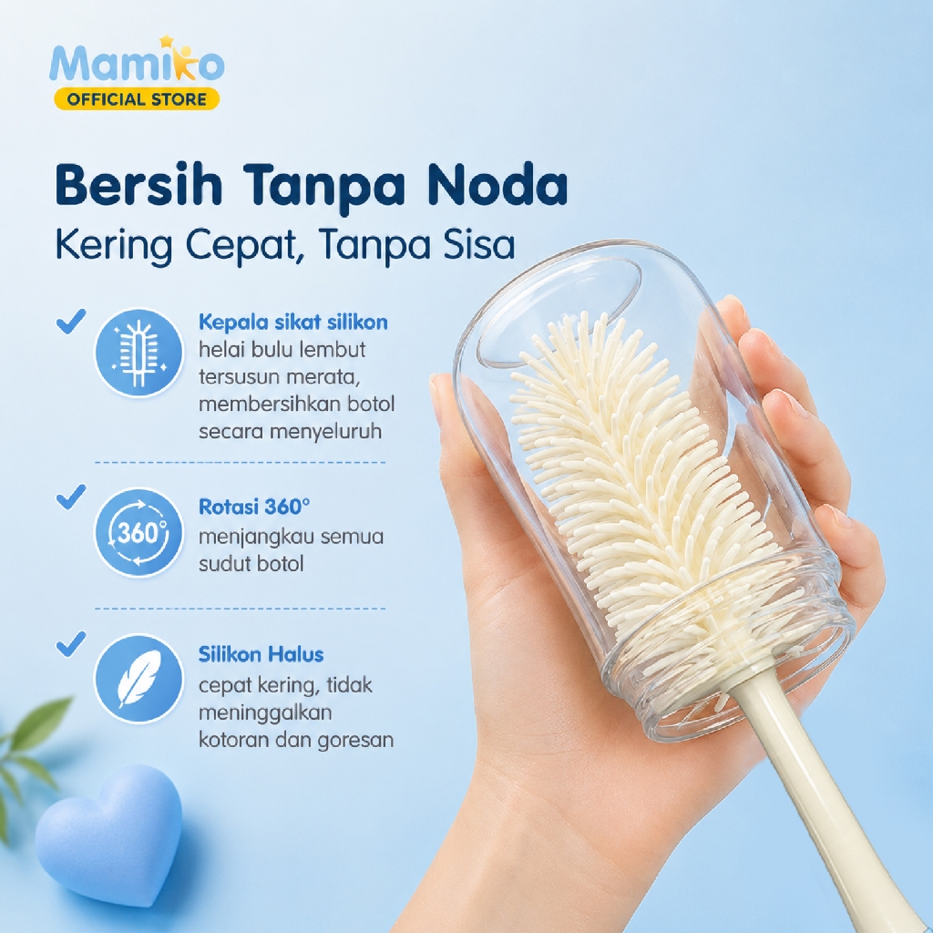 Mamiko Silicone Bottle Brush 3in1 Sikat Botol Dot Sedotan BPA Free Warna Biru Foto 5