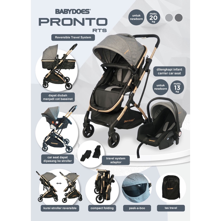 Babydoes Pronto RTS Stroller Travel System 4 in 1 dengan Infant Carrier & Reversible Foto 5