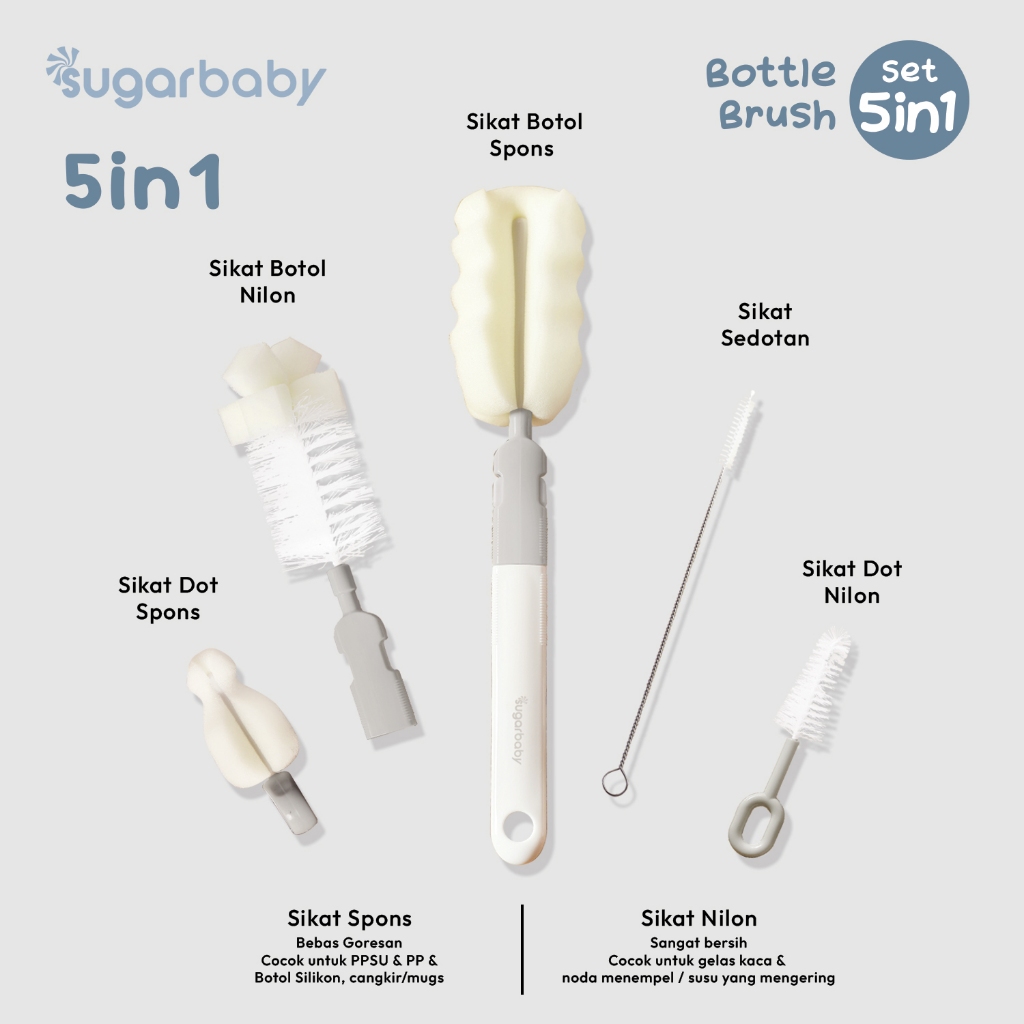 Sugarbaby Bottle Brush Set 5in1 Sikat Botol Susu Bayi Multifungsi dengan Pegangan Lepas Pasang Foto 2