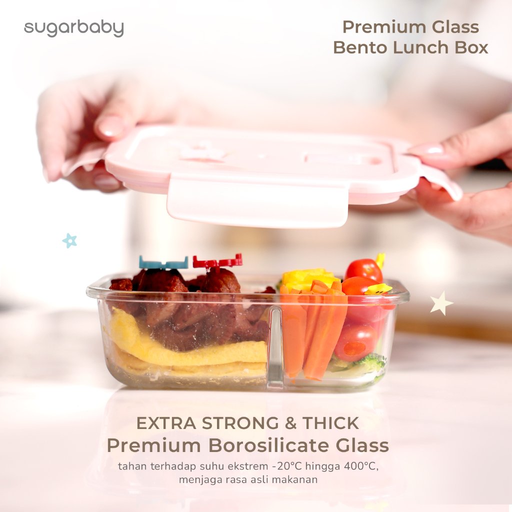Sugarbaby Premium Glass Bento Lunch Box Borosilicate 750ml 3 Kompartemen Leak Proof BPA Free Foto 2