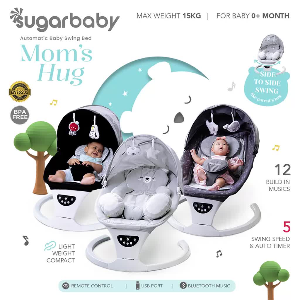 Sugar Baby Mom's Hug Automatic Baby Swing Bed Ayunan Bayi Bluetooth Side to Side