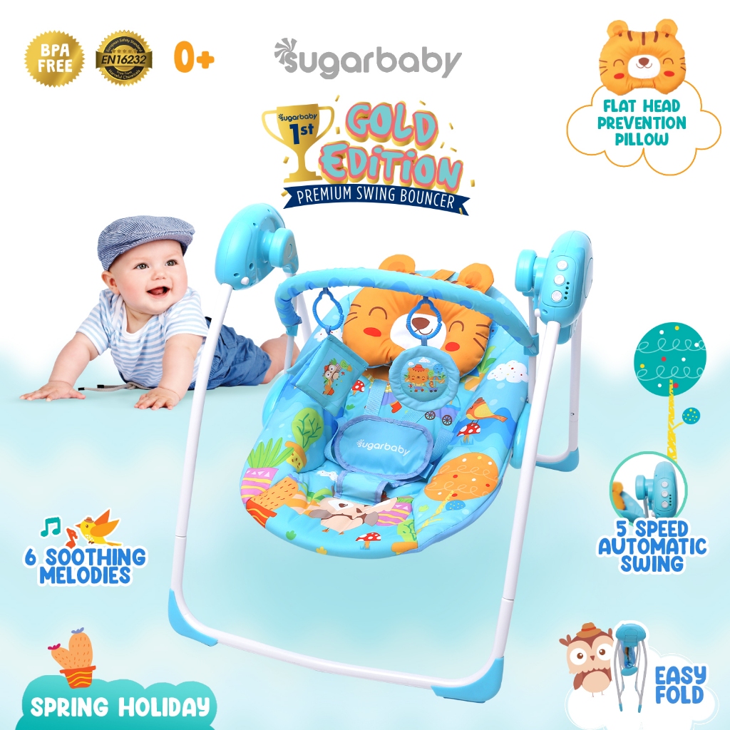Ayunan Bayi Otomatis Sugar Baby Swing Bouncer Gold Edition Motif Spring Holiday Biru Foto 5