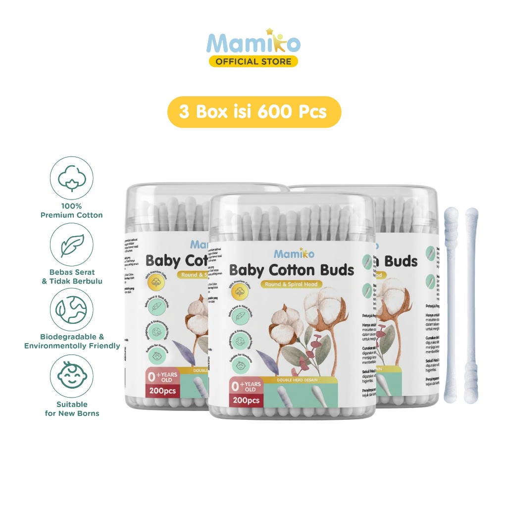 Mamiko Cotton Buds Bayi 2in1 Spiral Cekung Pembersih Telinga Hidung 200 pcs Foto 7