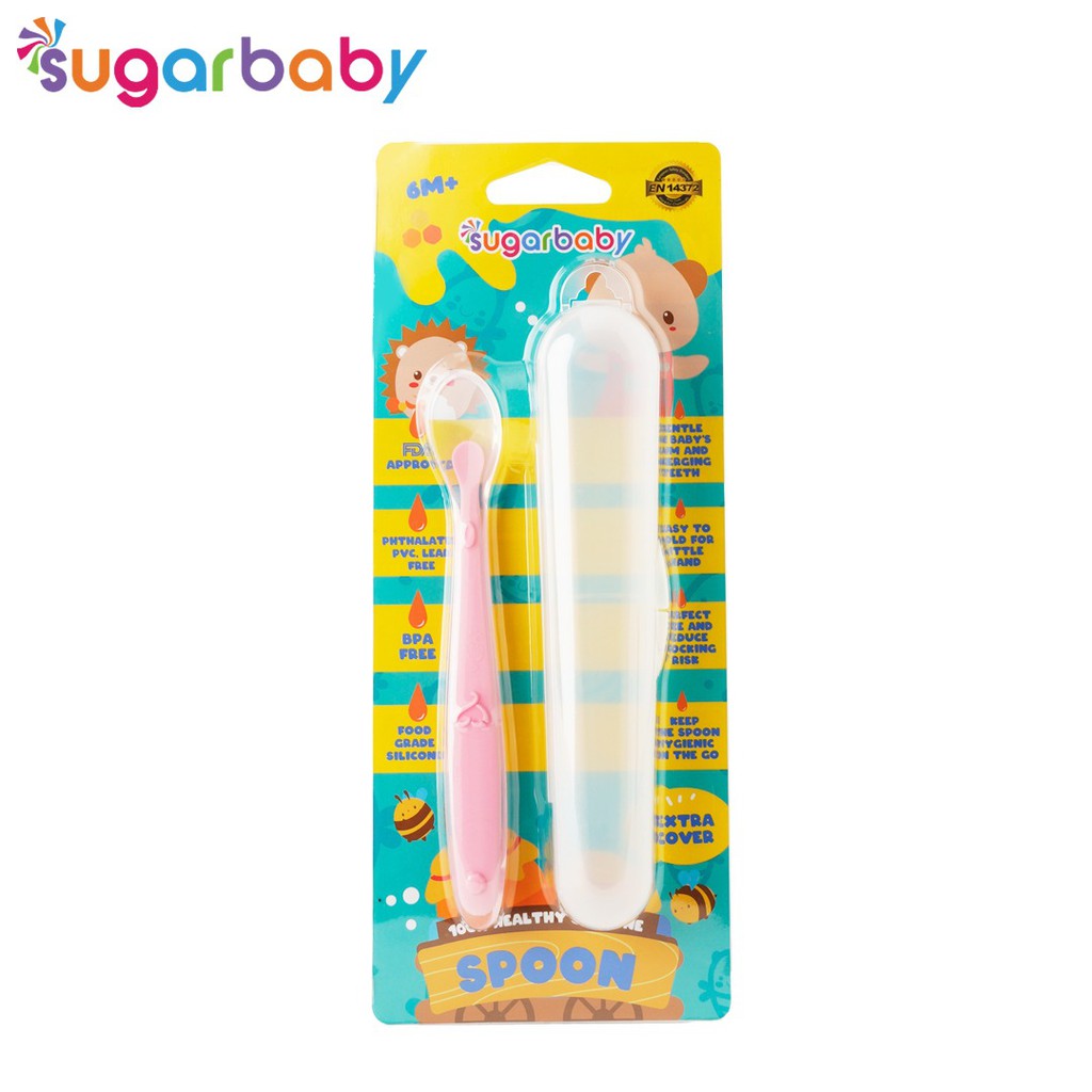 Sendok Makan Bayi SUGAR BABY Healthy Silicone Spoon With Cover Pink Food Grade