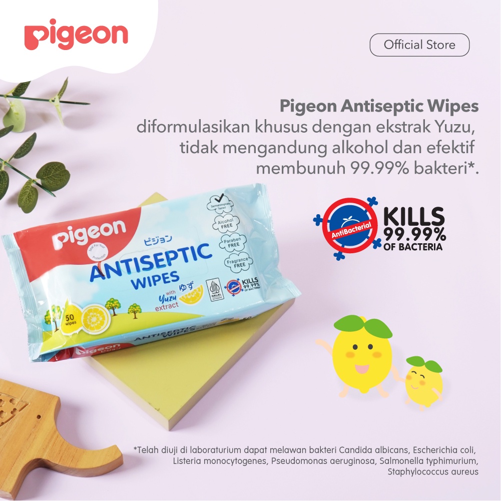 Pigeon Antiseptic Wipes Yuzu 50 Lembar Tisu Basah Antibakteri untuk Bayi Foto 2