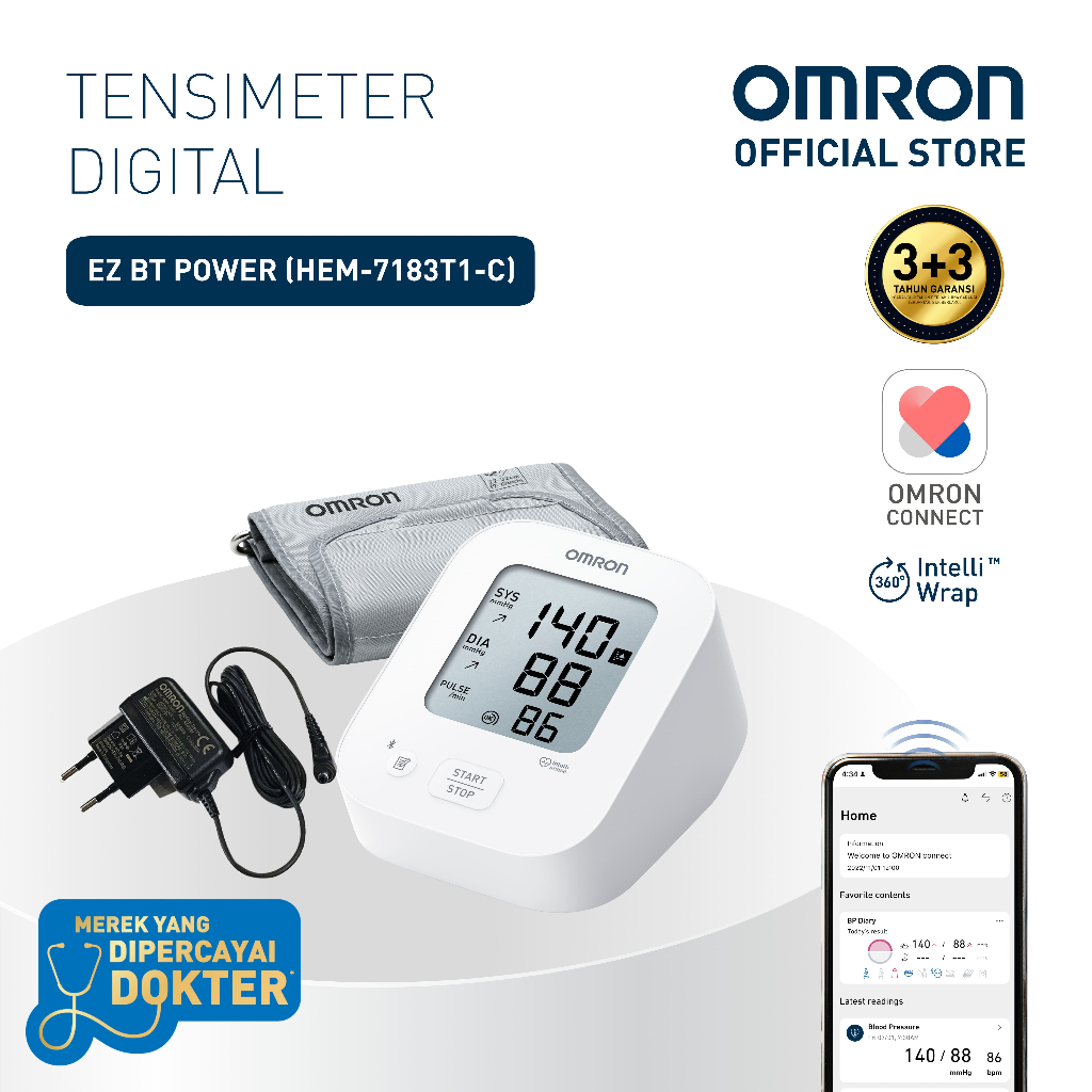 Omron Tensimeter Digital HEM-7183T1-C Bluetooth IntelliSense AC Adaptor