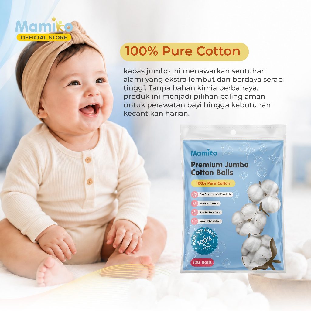 Mamiko Cotton Balls Premium Jumbo 120 Pcs 100% Pure Cotton Kapas Bola Foto 2