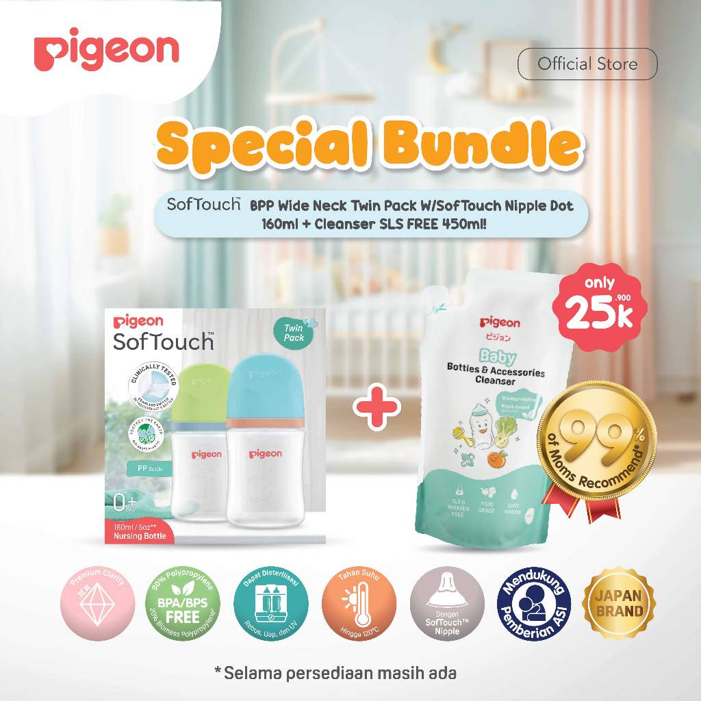 Botol Susu Pigeon Wide Neck Biomass PP 160ml Twin Pack SofTouch Nipple SS Foto 8
