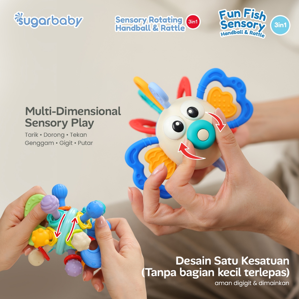 Sugarbaby Fun Fish Sensory Rotating Handball Rattle Teether 3in1 Mainan Bayi BPA Free Foto 4