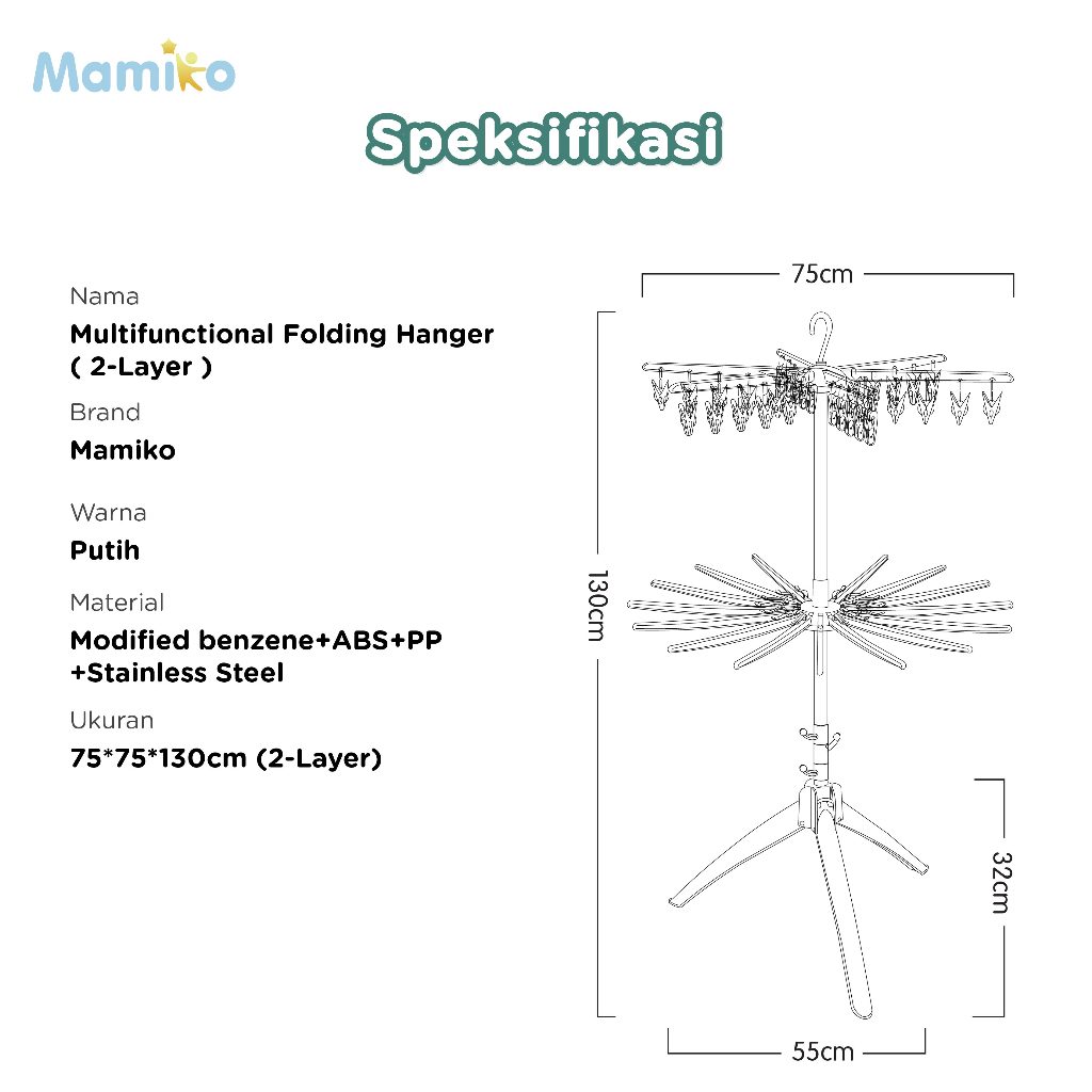 Mamiko Rak Jemuran Bayi 3 Tingkat 30 Klip Lipat Portable Folding Umbrella Stand Foto 7