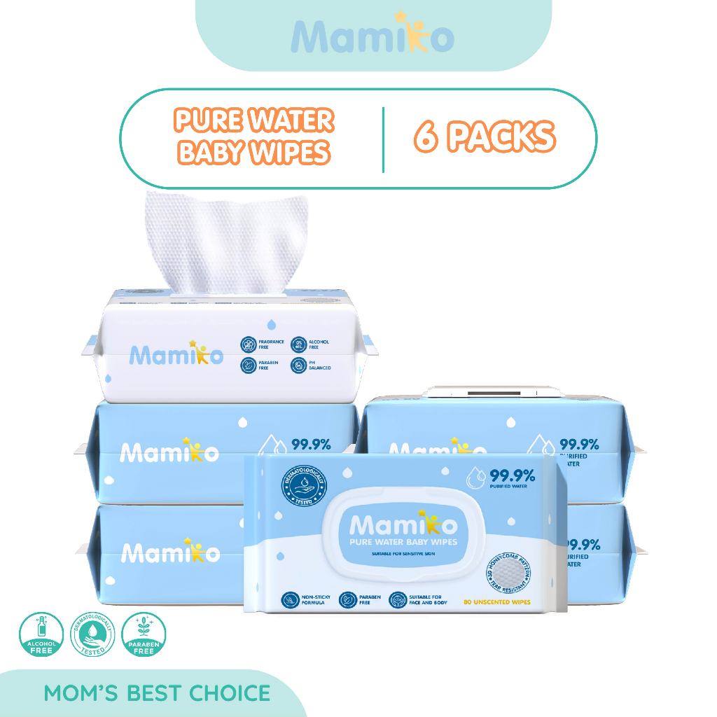 Mamiko Baby Wipes Pure Water Tisu Basah Bayi 80s Hipoalergenik Bebas Alkohol & Pewangi Foto 6