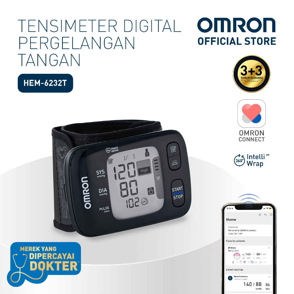 Tensimeter Digital Omron HEM-6232T Monitor Tekanan Darah Pergelangan Tangan Bluetooth
