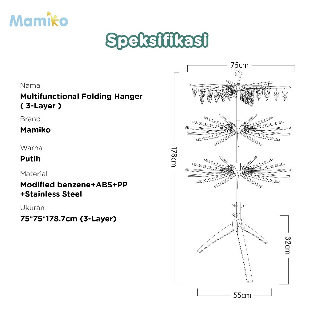 Mamiko Rak Jemuran Bayi 3 Tingkat 30 Klip Lipat Portable Folding Umbrella Stand Foto 6