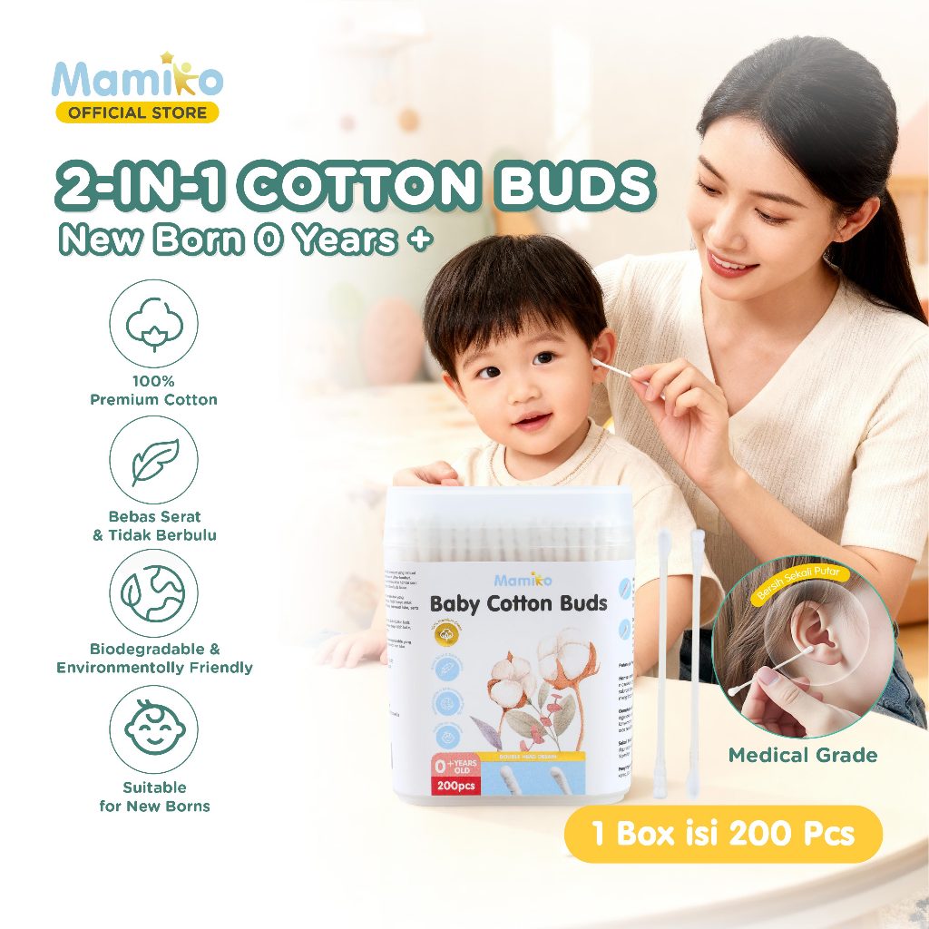 Mamiko Cotton Buds Bayi 2in1 Spiral Cekung Pembersih Telinga Hidung 200 pcs