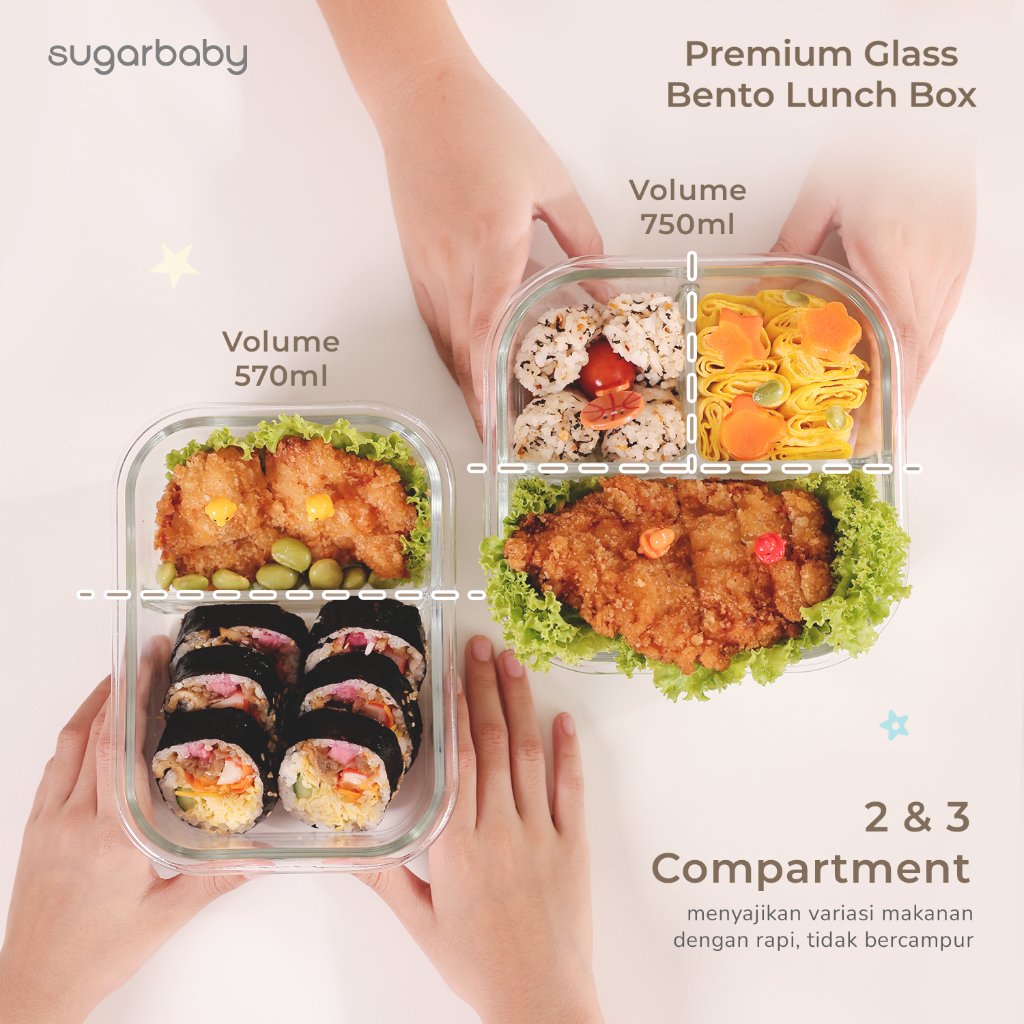 Sugarbaby Premium Glass Bento Lunch Box Borosilicate 750ml 3 Kompartemen Leak Proof BPA Free Foto 4