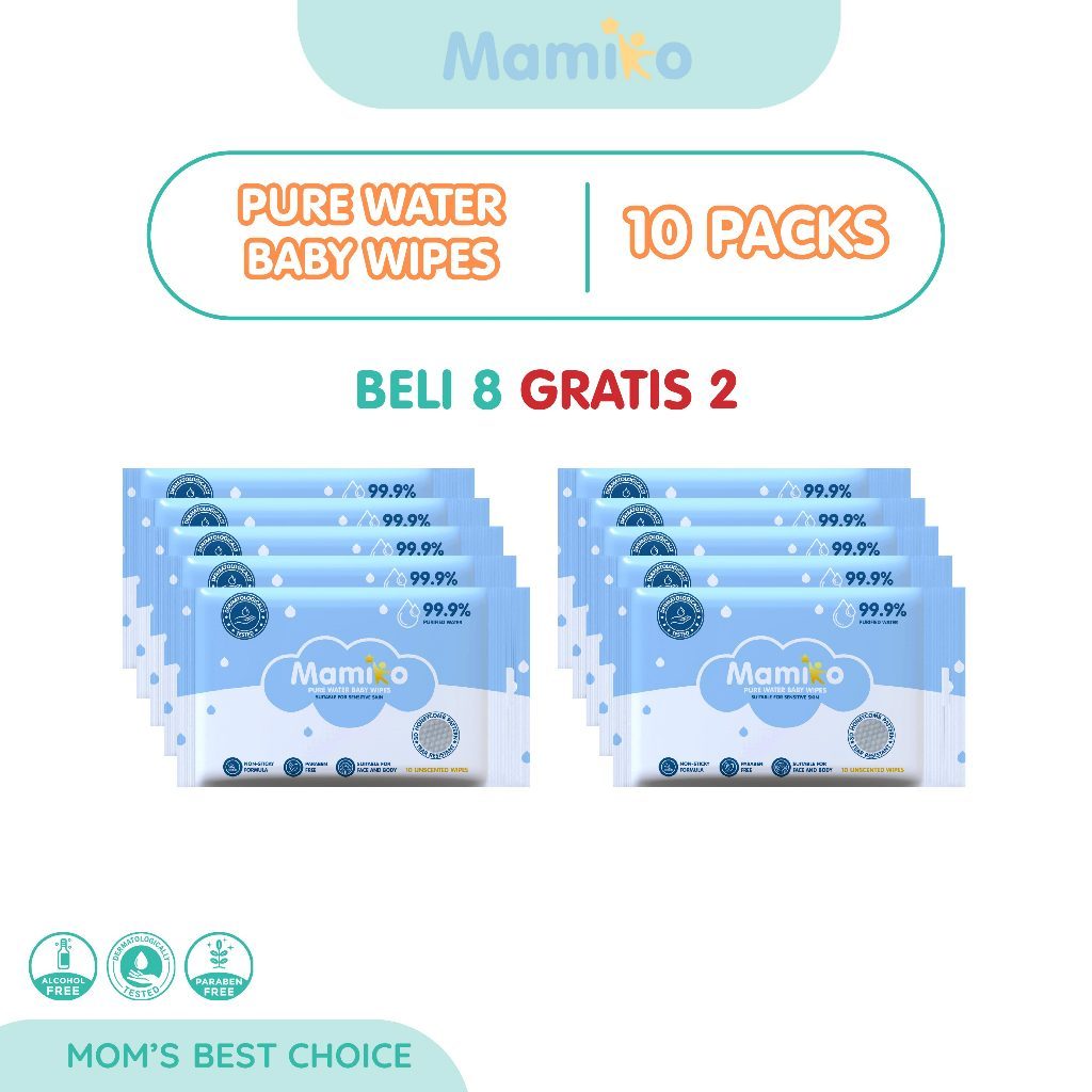 Mamiko Pure Water Baby Wipes Tisu Basah Bayi 10s No Alkohol No Perfume Foto 5