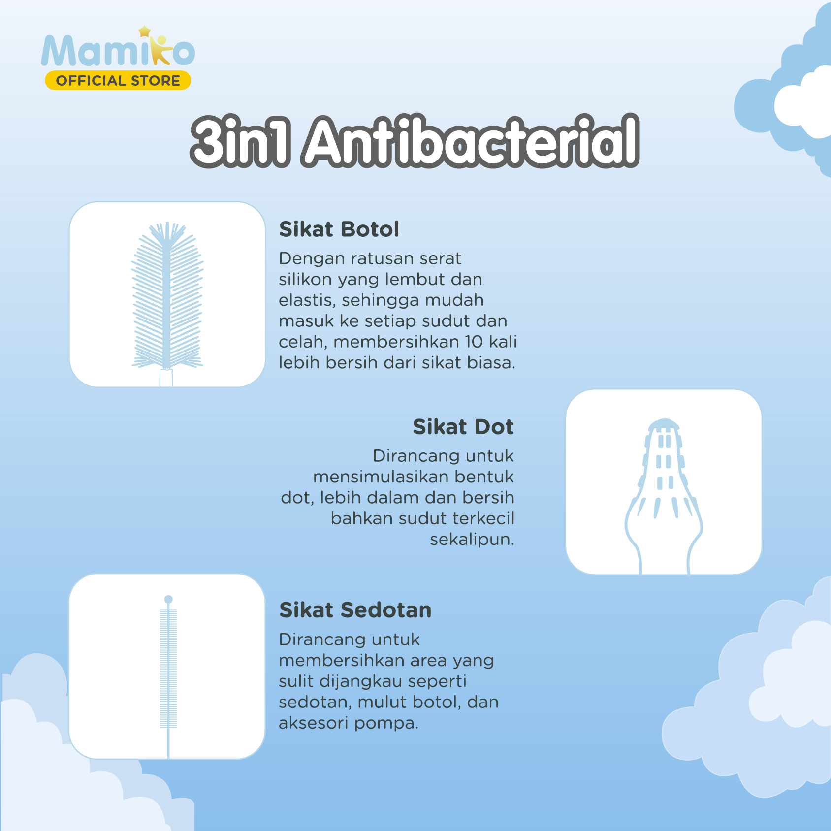 Mamiko Silicone Bottle Brush 3in1 Sikat Botol Dot Sedotan BPA Free Warna Biru Foto 7