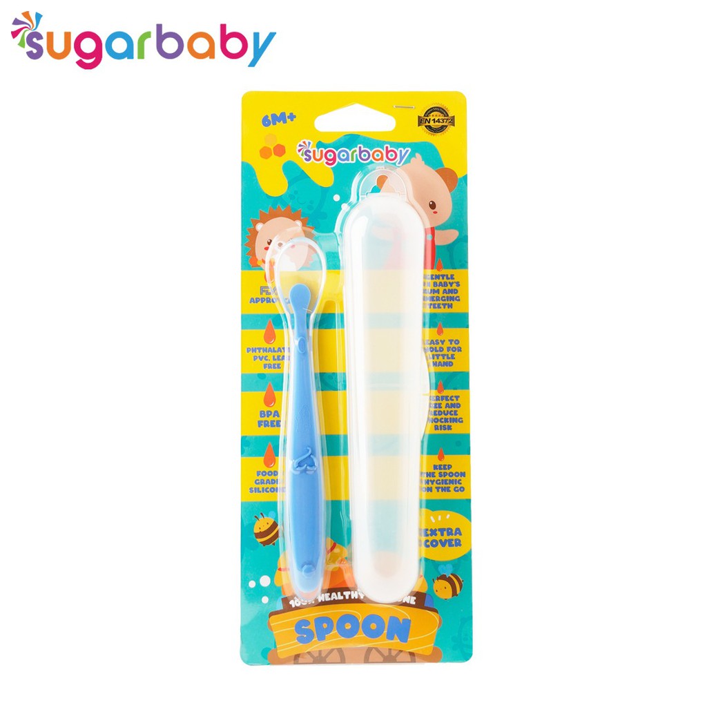 Sendok Bayi Silicone Food Grade SUGAR BABY Healthy dengan Tutup 2pcs Blue