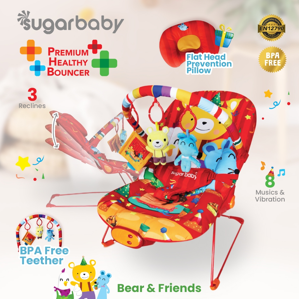 Sugar Baby Premium Healthy Bouncer Bayi 3in1 3 Recline Bear & Friends dengan Musik