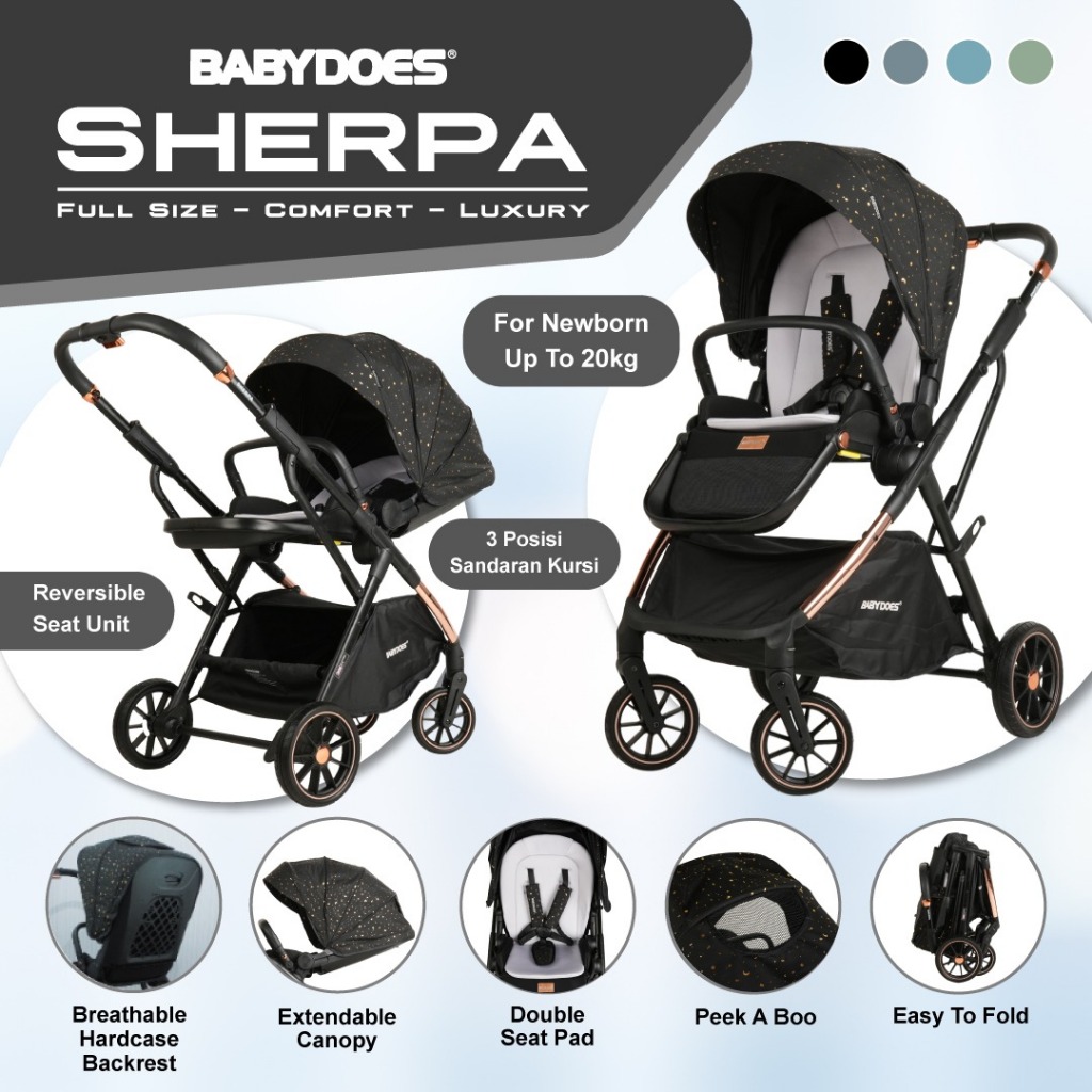 Babydoes Sherpa Stroller Reversible Seat 2 Arah Newborn to 20kg Extendable Canopy Foto 6