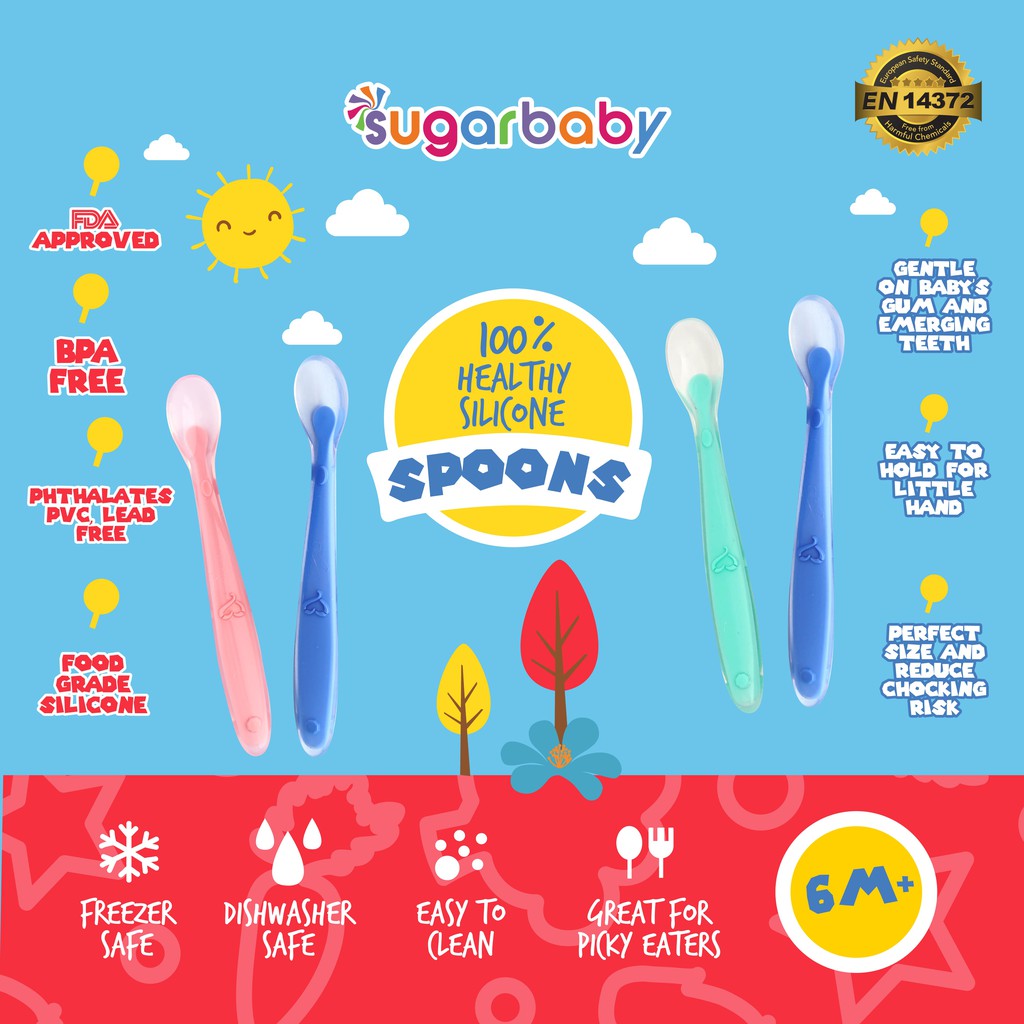 Sendok Silikon Bayi SUGAR BABY Healthy 2 Set Food Grade FDA Approved Blue Pink Foto 3
