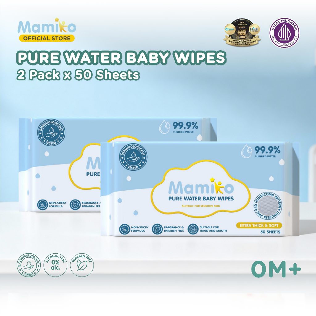 Tisu Basah Bayi Mamiko Pure Water 50s Bebas Alkohol & Parfum 2 Pack