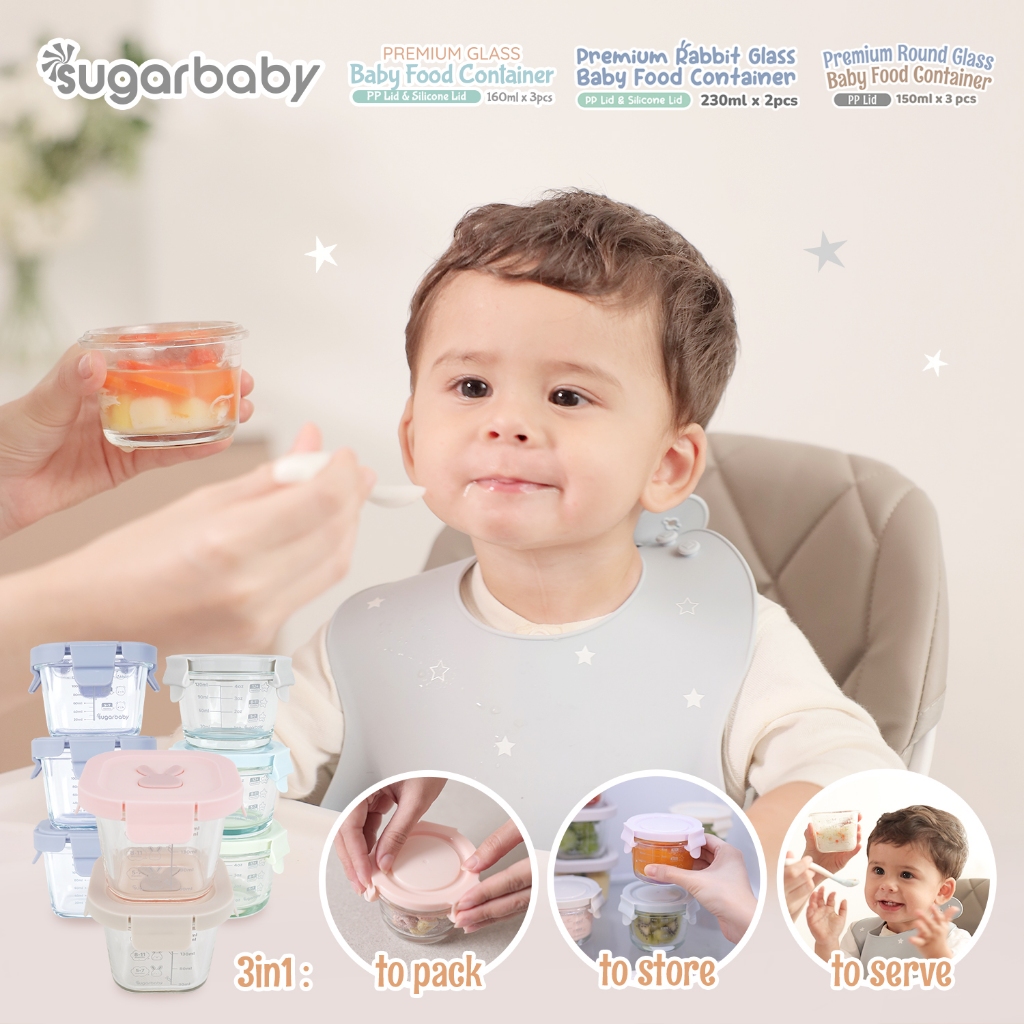 Sugar Baby Premium Glass Jar Baby Food Container 160ml 3 Pcs BPA Free Tutup Foto 2