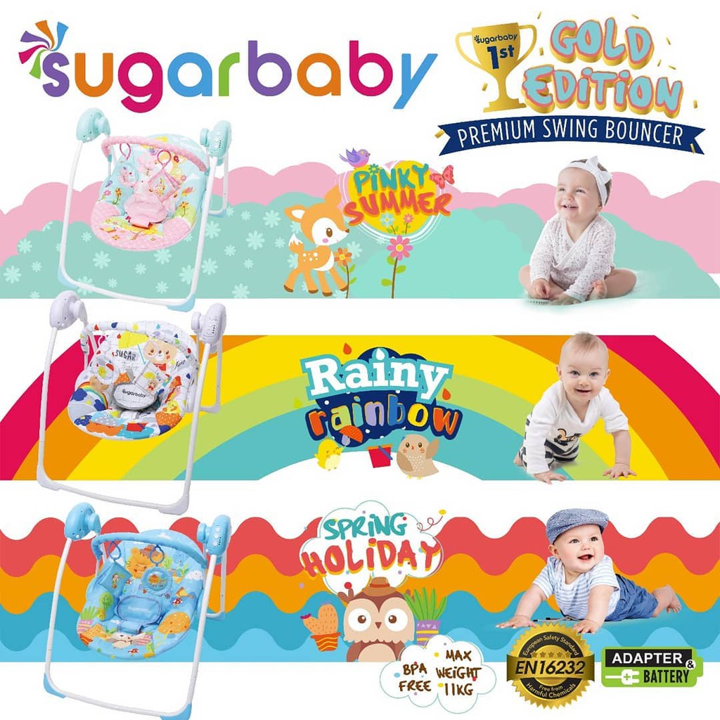 Ayunan Bayi Otomatis Sugar Baby Swing Bouncer Gold Edition Motif Spring Holiday Biru Foto 2